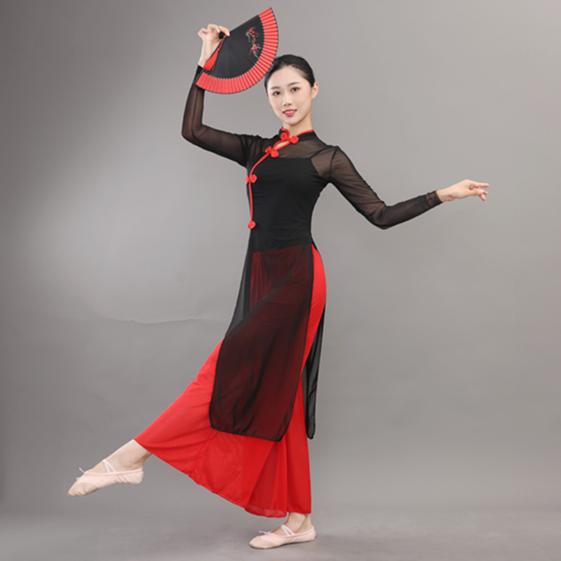 中国风旗袍飘逸女古典舞弹性纱衣民族风黑色斜襟舞蹈服练功表演服