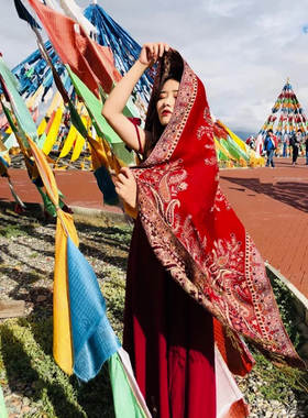民族风披肩围巾两用海边防晒沙滩丝巾红色超大纱巾女沙漠旅游拍照