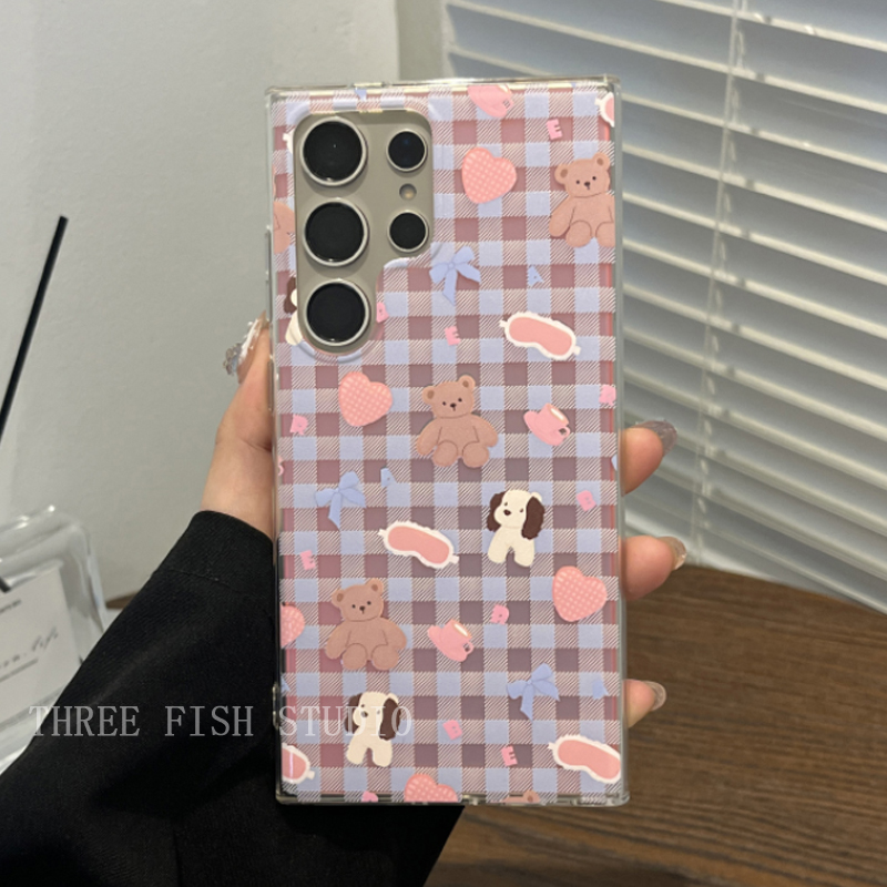 三星s24ultra格纹小熊狗狗手机壳