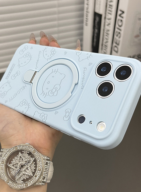 三只鱼【小众爱心猫咪支架浅蓝色】适用苹果17/16/15promax手机壳新款ipone液态可爱卡通防摔全包保护套男女