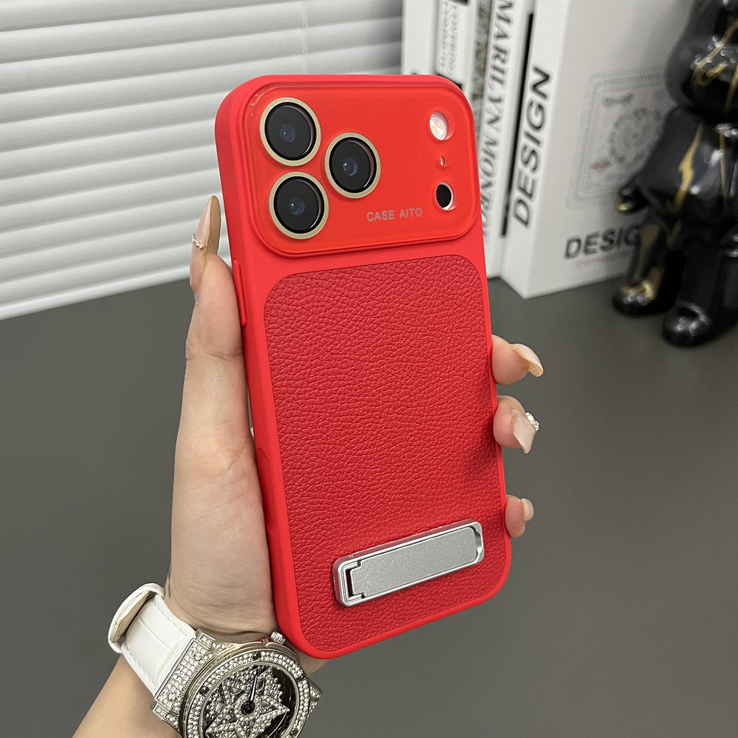 三只鱼【商务荔枝皮纹瑞红色支架】适用于苹果17/16/15promax手机壳新款ipone镜头膜奢华防摔全包保护套男女,3C数码配件,手机保护套/壳,淘宝优惠券,粉丝福利购,淘宝优惠卷