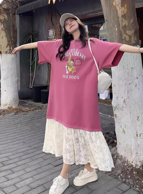 夏装2026新款大码女装胖妹妹宽松t恤长裙梨型身材长款短袖连衣裙