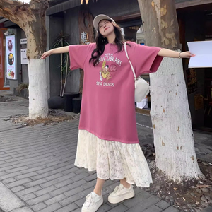 夏装2026新款大码女装胖妹妹宽松t恤长裙梨型身材长款短袖连衣裙