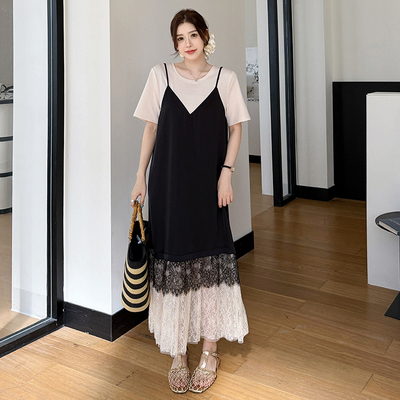 大码显瘦蕾丝假两件短袖连衣裙