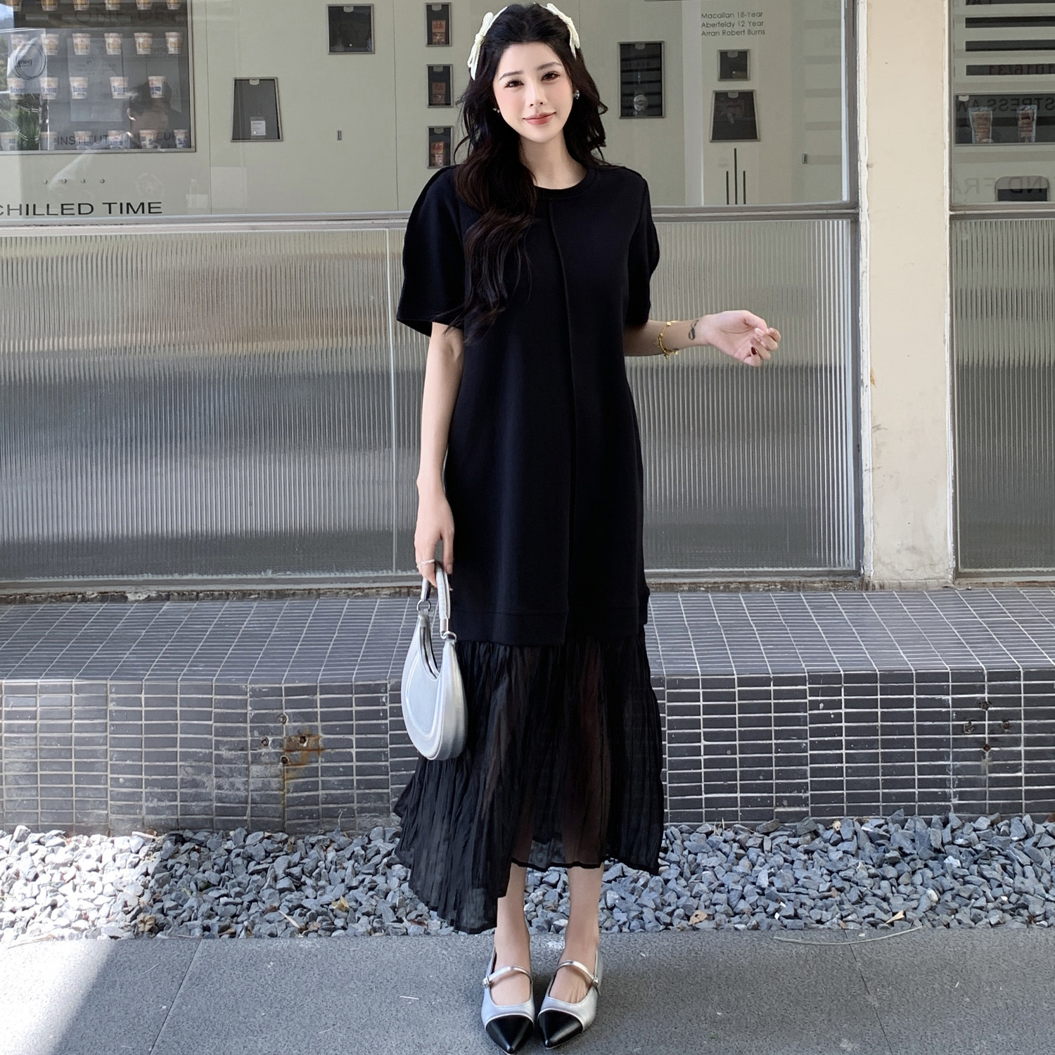 短袖网纱拼接连衣裙女2026夏季新款洋气大码显瘦宽松短袖T恤长裙