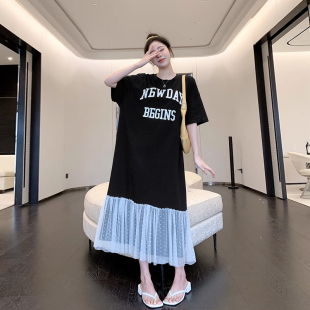 宽松特大码女装胖mm夏装2026新款纯棉长款过膝气质蕾丝短袖连衣裙