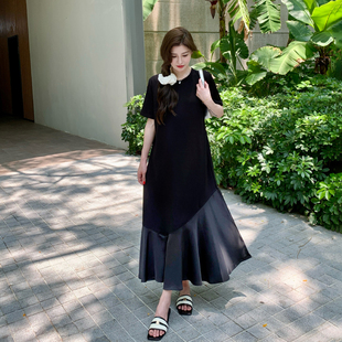 微胖连衣裙夏天宽松遮肉中长款女拼接大码气质黑色胖MM遮肚子长裙