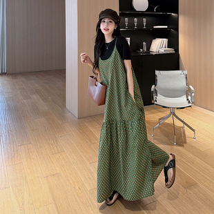 高个子超长款绿色碎花及踝到脚踝背带裙套装吊带裙170孕妇175夏装