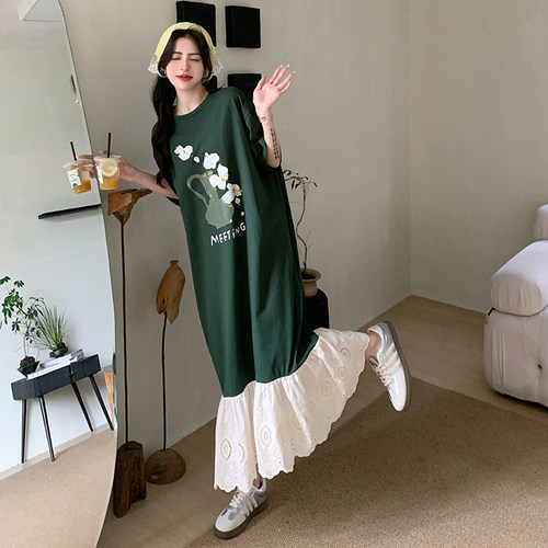 胖mm短袖t恤拼接连衣裙女夏遮肉显瘦休闲宽松小众设计感法式裙子