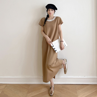 法式娃娃领短袖连衣裙2026新款爆款休闲宽松直筒裙遮肉显瘦长裙夏