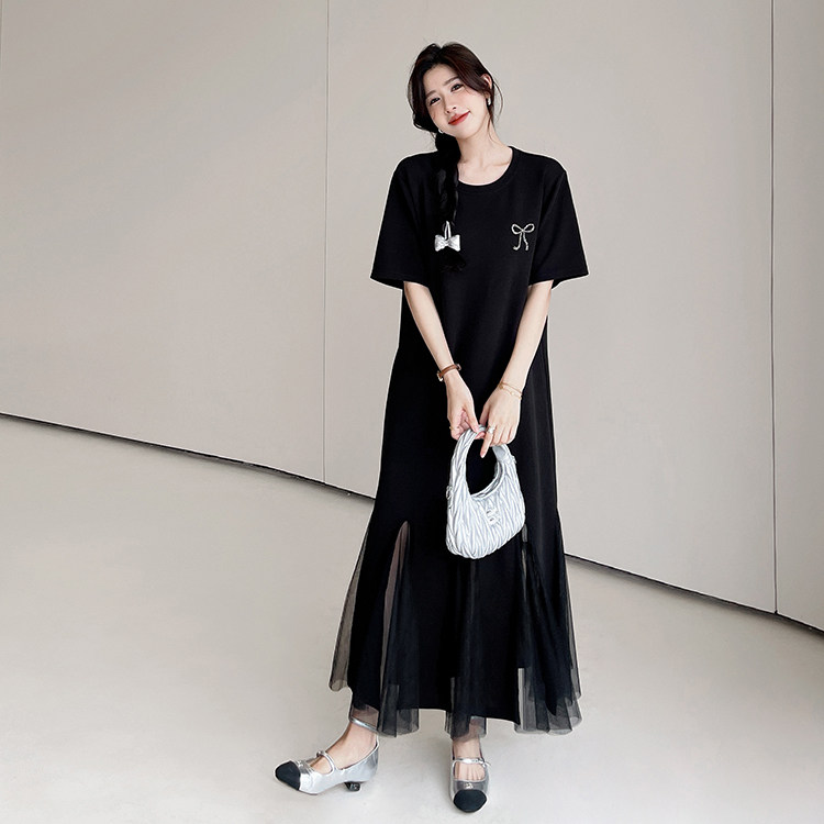 胖mm高端定制大码女装轻奢风2026夏新款过膝长款网纱裙连衣裙短袖