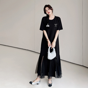 胖mm高端定制大码女装轻奢风2026夏新款过膝长款网纱裙连衣裙短袖