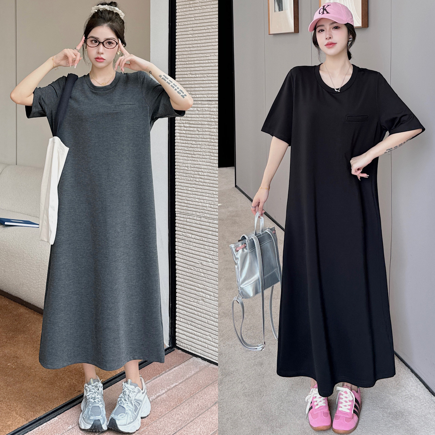 180斤大码女装2025夏新款慵懒风显瘦胖mm宽松直筒T恤连衣裙长裙子