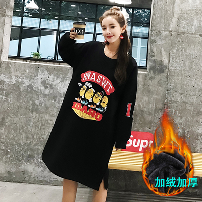 潮牌无帽2025年冬新款宽松bf慵懒风中长款加绒加厚卫衣裙长袖显瘦