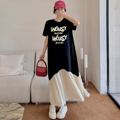 高端胖mm特大码裙子碎花宽松裙子巨遮肚夏装200斤纯棉t恤裙2026潮