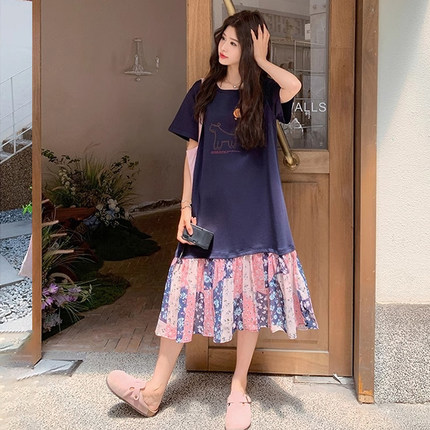 高端胖mm特大码裙子碎花宽松裙子巨遮肚夏装200斤纯棉t恤裙2026潮
