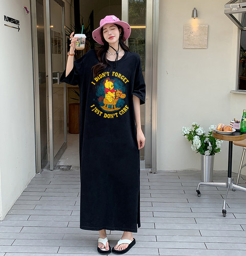 高个子大码遮肚子显瘦连衣裙胖mm夏装宽松纯棉过膝长款及踝t恤裙