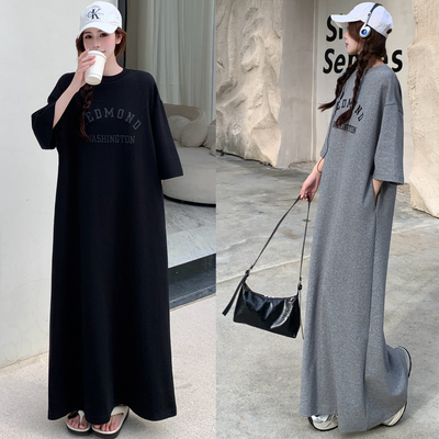 高个子加长款大码韩版宽松t恤裙子夏季胖MM慵懒风字母短袖连衣裙