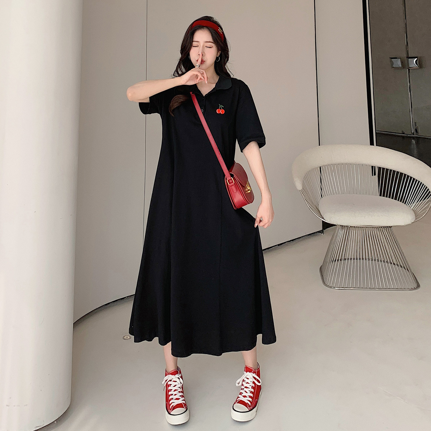 法式高级感短袖连衣裙女夏季新款大码宽松洋气休闲中长款a字T恤裙