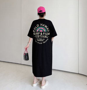 休閑顯瘦過膝短袖 胖mm夏裝 純棉睡裙女夏季 長款 2025新款 寬松孕婦可