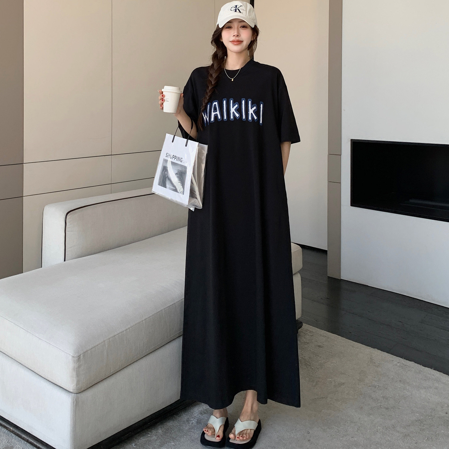 黑色高个子超长款宽松大码胖妹妹mm连衣裙T恤裙懒人裙孕妇裙200斤