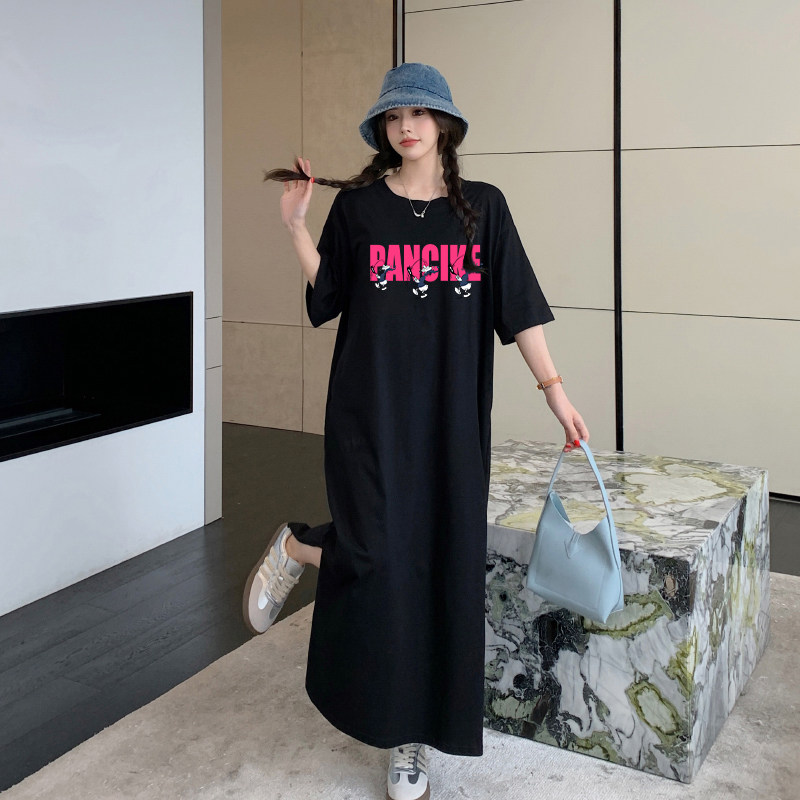 高个子长款2026新款大码胖mm夏装T恤裙子纯棉宽松及踝短袖连衣裙