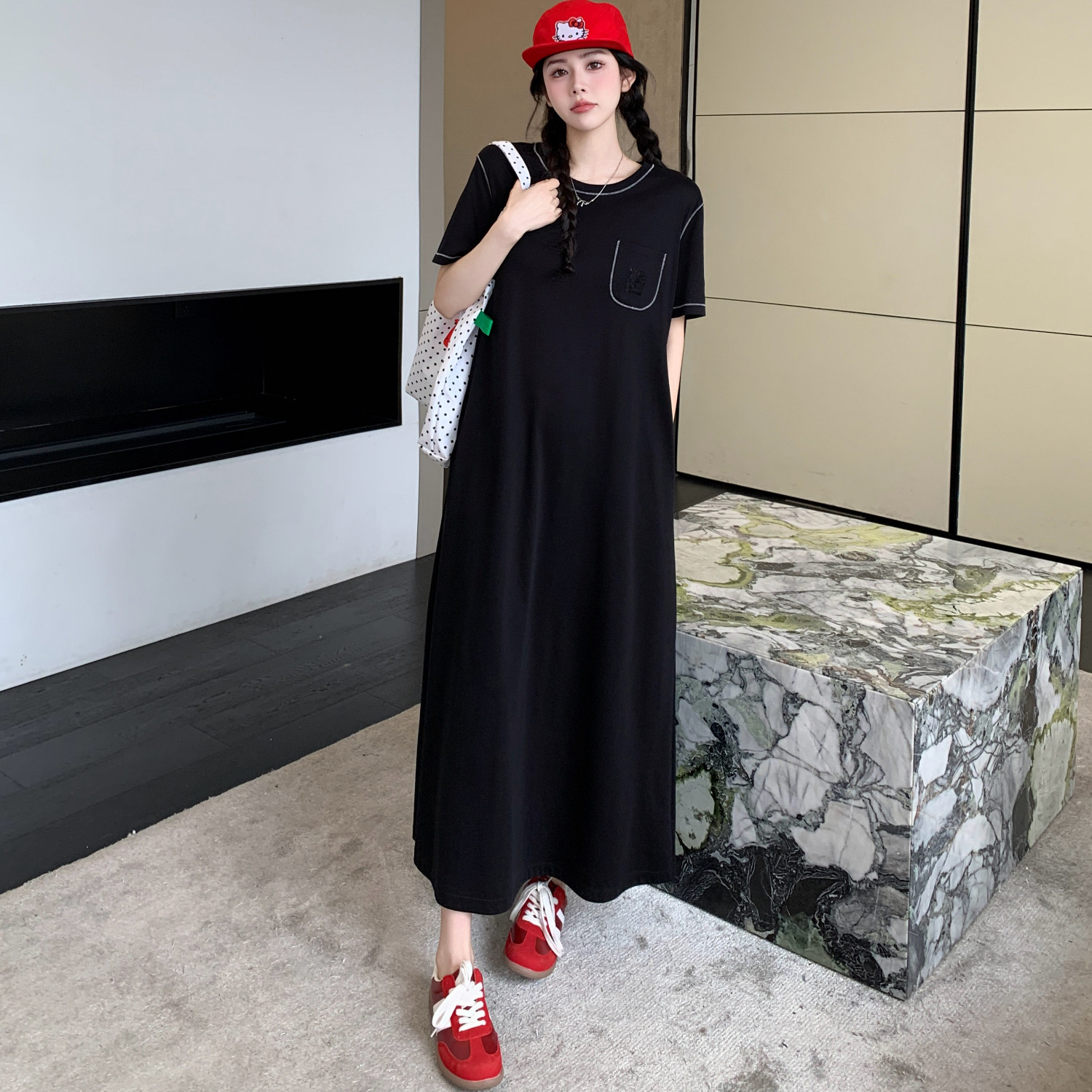黑色超长款明线休闲简约小口袋T恤裙女夏季大码宽松短袖连衣裙潮