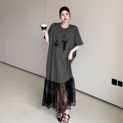独特超好看大码t恤裙大版拼接连衣裙宽松纯棉短袖夏装胖mm长裙子