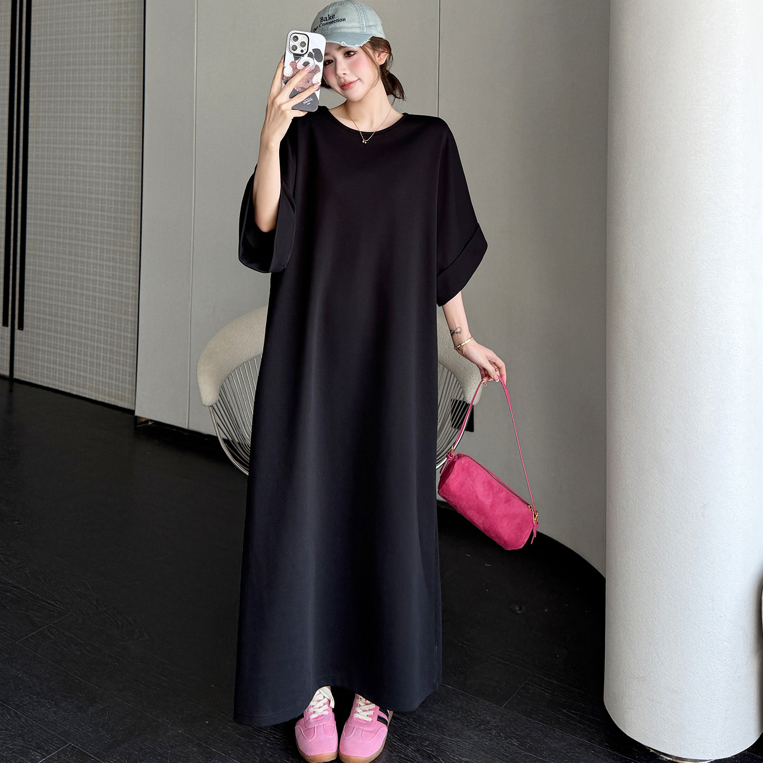 夏季新款大码女装胖mm宽松显瘦韩版休闲慵懒风黑色长裙孕妇裙子