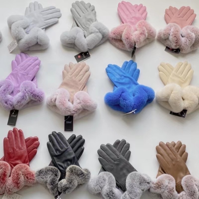 秋冬新款时尚真绵羊皮手套冬季保暖女款皮草手套獭兔毛加绒保暖新