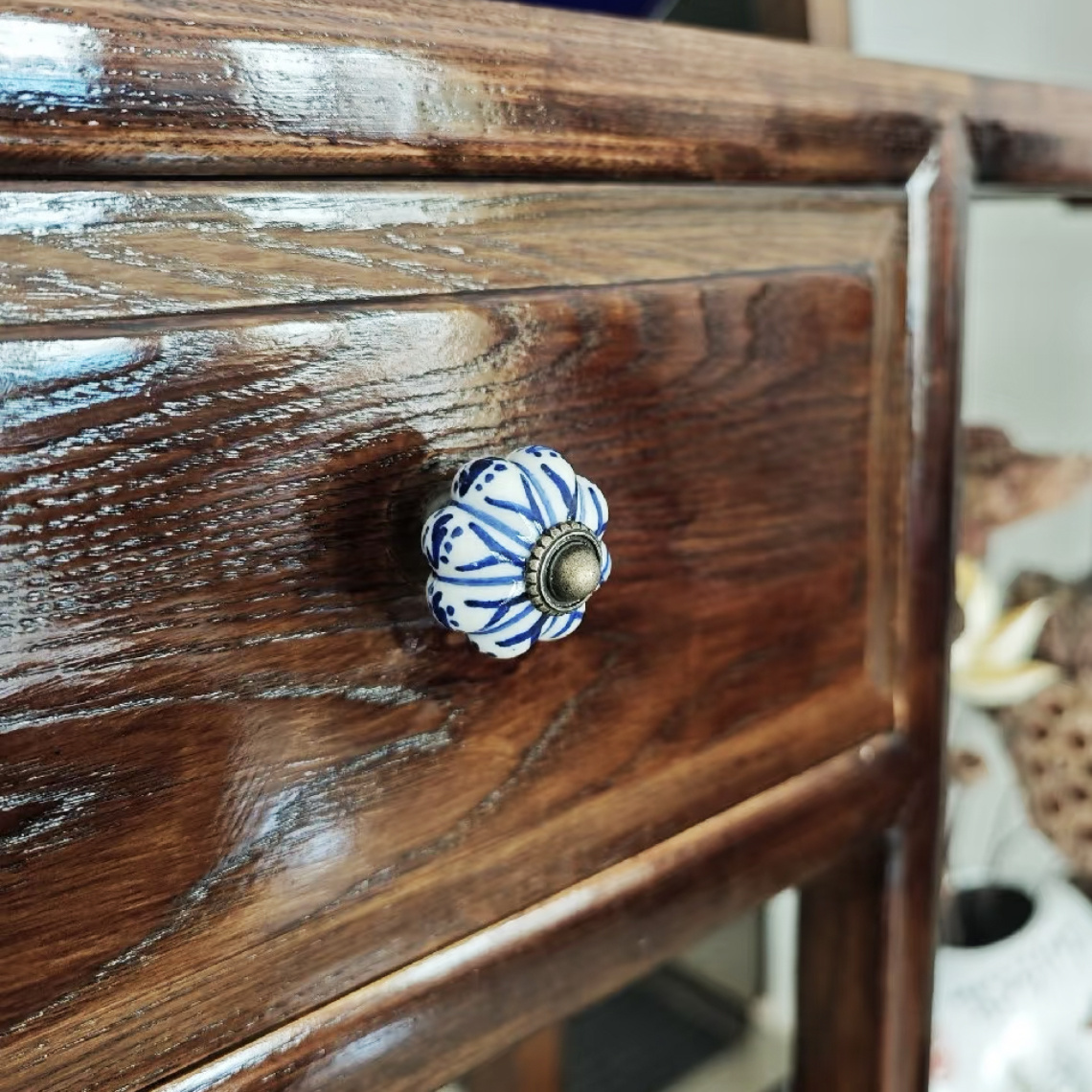中式复古中古风手绘青花陶瓷南瓜拉手旋扭抽屉橱柜单孔古典门把手