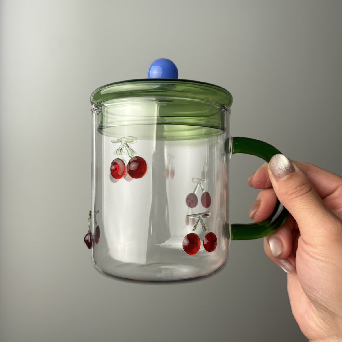 手绘立体耐热玻璃简约小清新樱桃图案玻璃杯透明带盖带手柄水杯