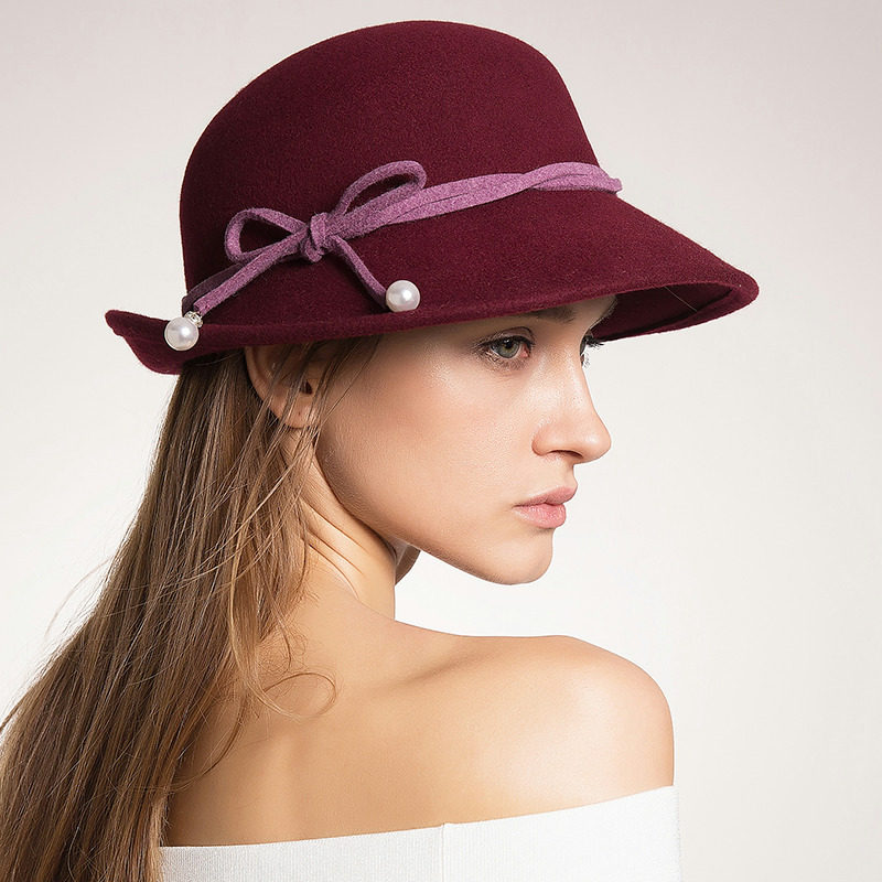 诗丹凯萨 礼帽女 秋冬季英伦复古羊毛呢帽时尚卷边毡帽珍珠盆帽子