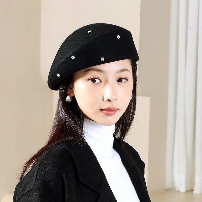 诗丹凯萨2023新款帽子女秋冬季贝雷帽女英伦时尚小礼帽女羊毛呢帽