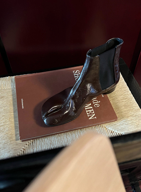 HOME WORK原创设计师手工分趾忍者切尔西超软牛皮低跟短靴袜栗棕