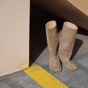 HOME WORK原创设计师全牛皮手工分趾忍者松弛中高筒靴骑士靴青灰