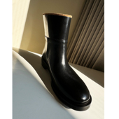 HOME WORK原创设计师进口牛皮手工圆头一脚蹬厚底短筒靴女