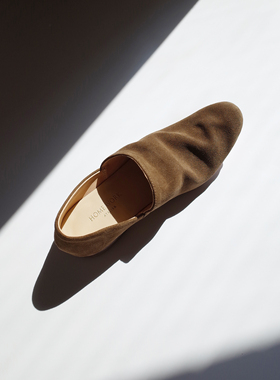 HOME WORK 原创设计师牛皮手工简洁一脚蹬单鞋Chouette翻毛牛皮棕