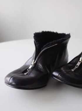 HOME WORK原创设计手工拉链两穿通体羊羔毛雪地靴黑色牛皮