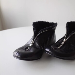 HOME WORK原创设计手工拉链两穿通体羊羔毛雪地靴黑色牛皮