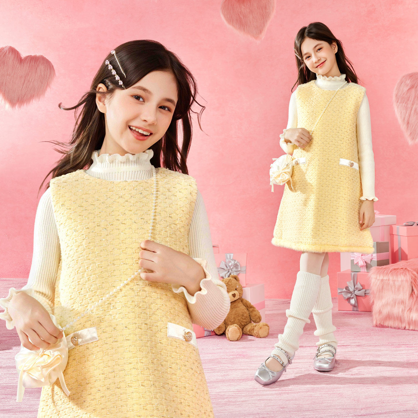 小虎帕蒂女童2026春季新款小香风背心裙打底衫公主两件套洋气套装