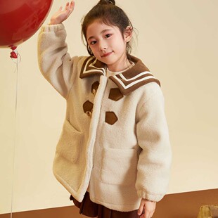 小虎帕蒂女童冬装外套学院风夹棉加厚保暖女孩毛毛衣2024新款上衣