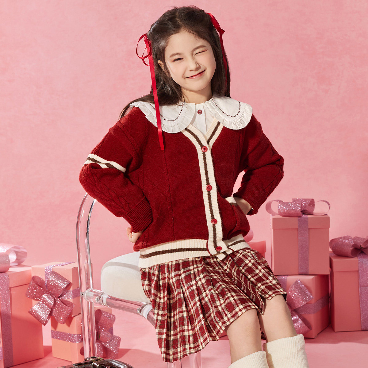 小虎帕蒂春装女童学院风套装洋气中大童制服衬衫开衫格裙三件套