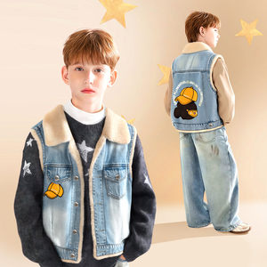 小虎帕蒂冬季新款男童帽子小熊贴布绣加绒牛仔马甲保暖休闲百搭