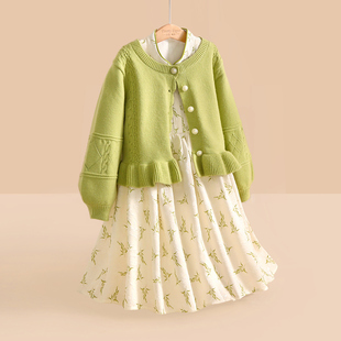 小虎帕蒂女童清新竹叶连衣裙套装春秋新款儿童木耳边开衫两件套