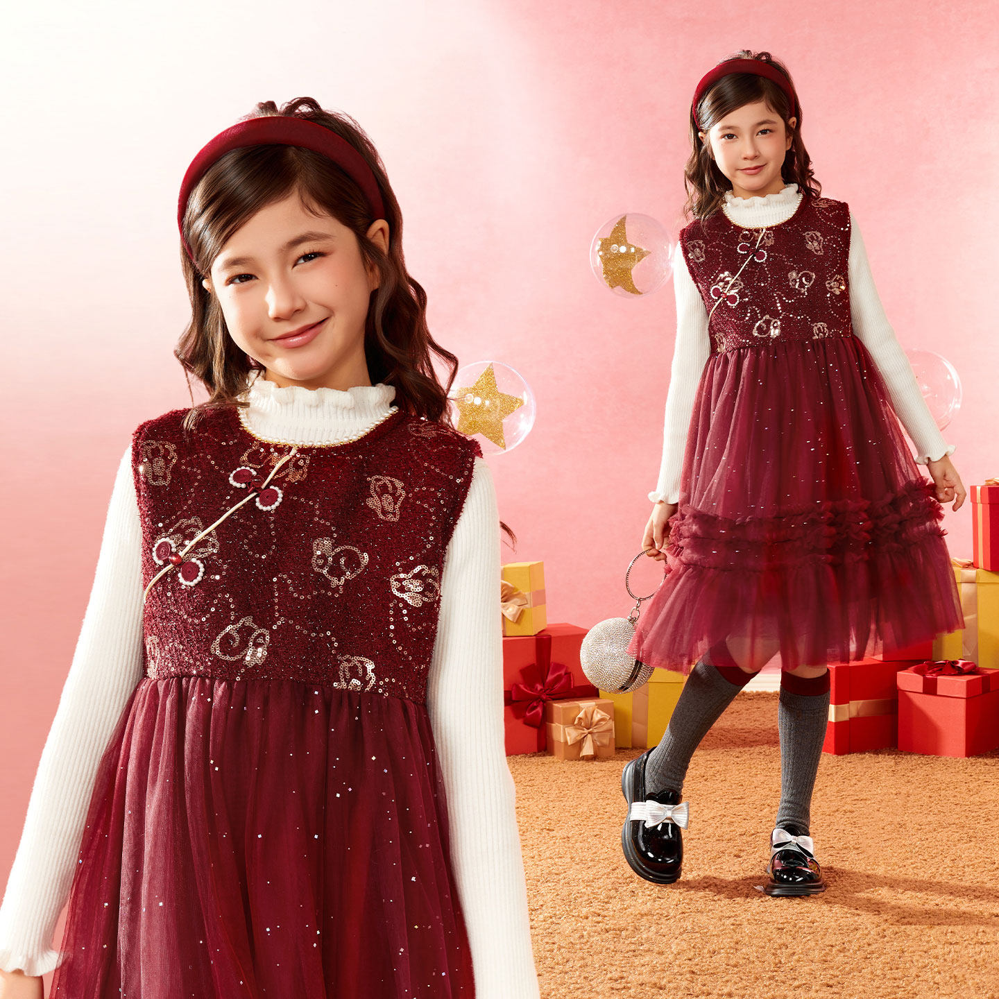 小虎帕蒂女童冬季新款珠片盘扣网纱裙套装节庆连衣裙毛衣两件套,童装/婴儿装/亲子装,套装,淘宝优惠券,粉丝福利购,淘宝优惠卷