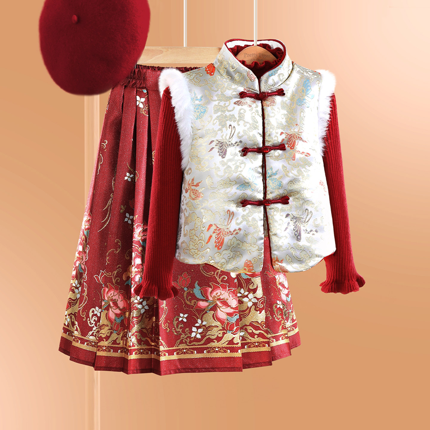 小虎帕蒂女童冬季新款新中式织锦马甲国风马面裙汉服套装拜年服
