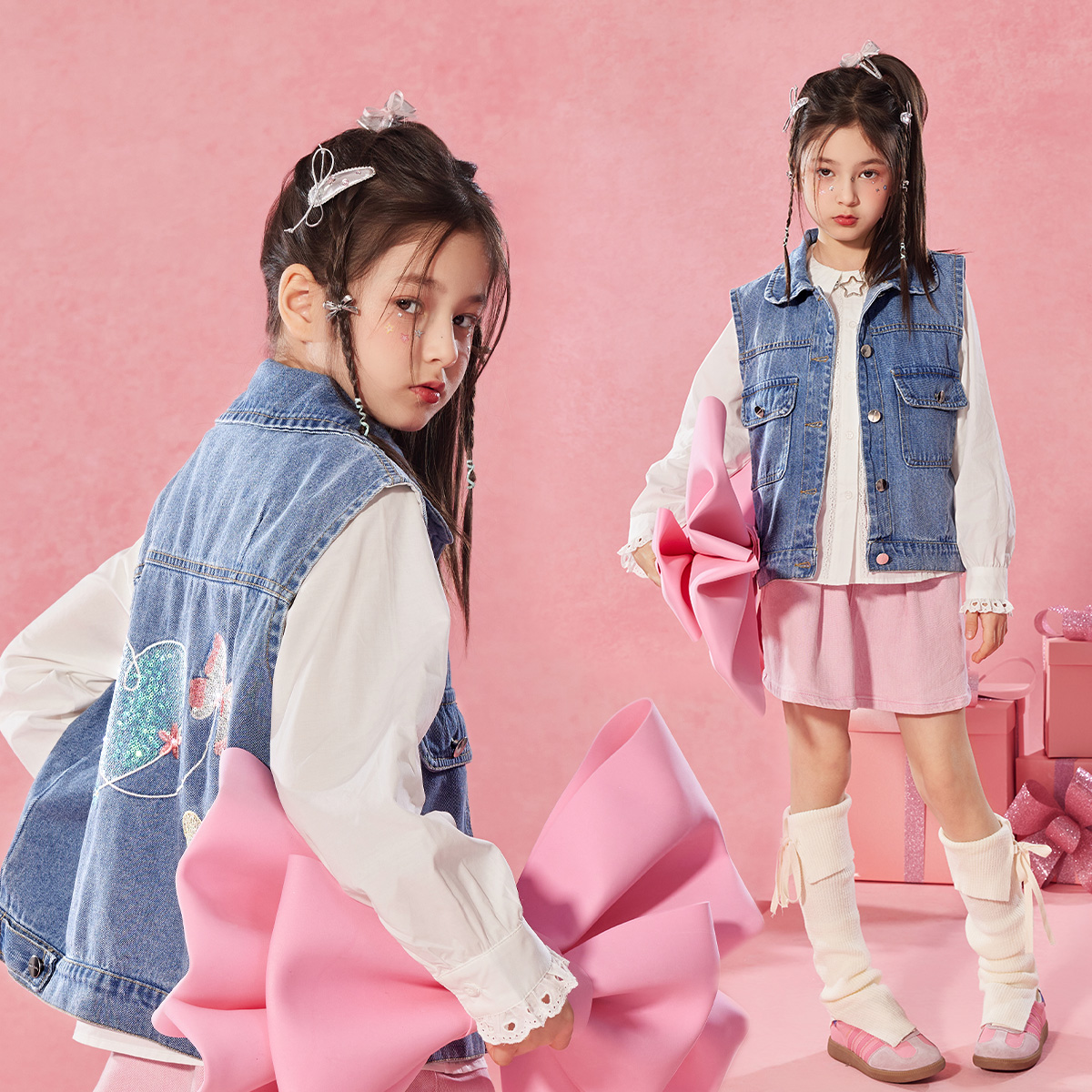 小虎帕蒂女童亮片爱心蝴蝶刺绣牛仔马甲春秋新款儿童洋气时尚背心