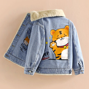 小虎帕蒂男童加绒牛仔外套小老虎冬季 炸街保暖软牛仔外套 新款