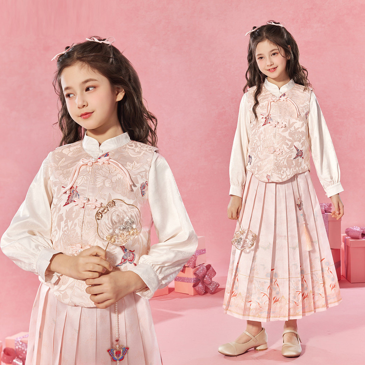 小虎帕蒂女童马面裙套装春装新款儿童甜美汉服刺绣新中式织锦马甲